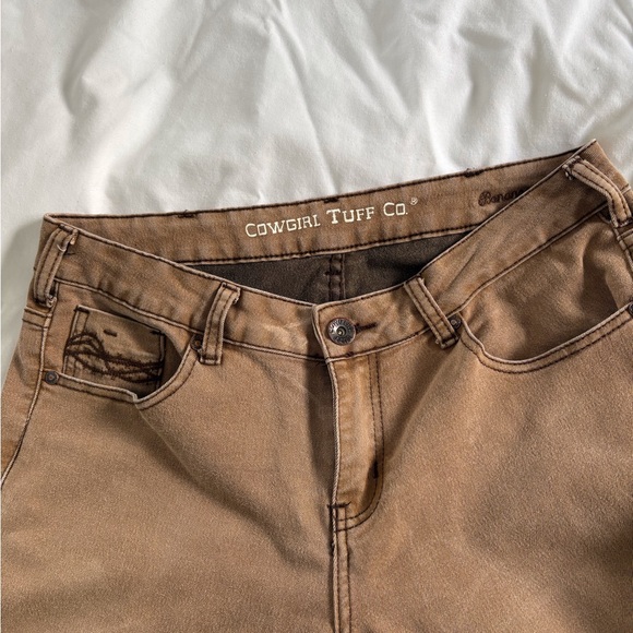 Comfortable Cowgirl Tuff, dark tan jeans, brown barbwire stitching, coin pocket - Picture 5 of 5